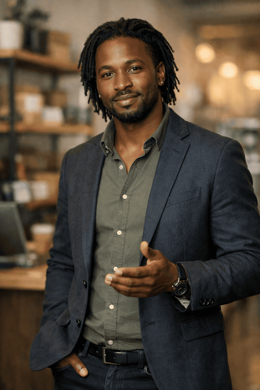 Man in a suit standing in a blurred indoor setting