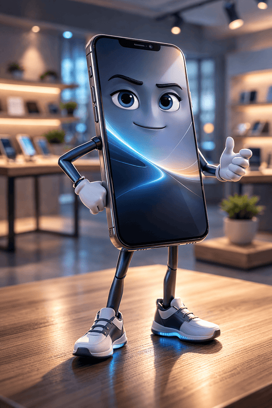 Phone with a face and arms on a wooden table in a modern office setting