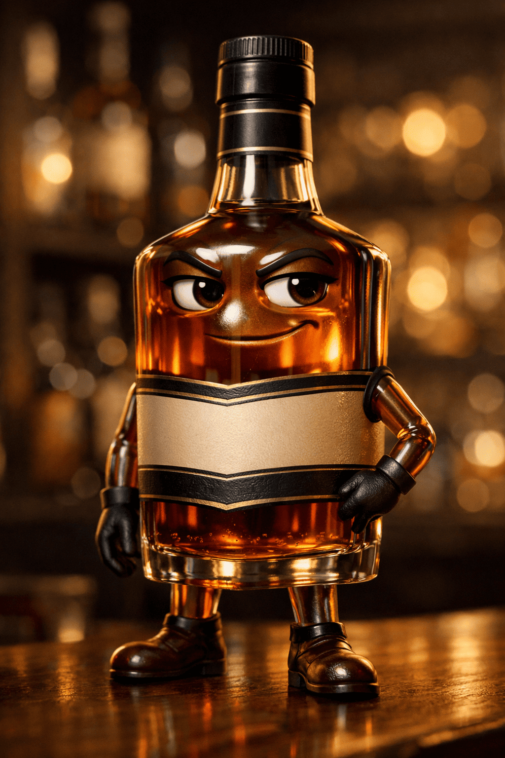 Bottle of whiskey with a face and arms on a wooden surface