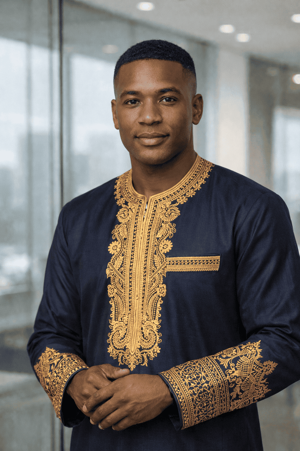 Man wearing a dark blue traditional outfit with gold embroidery in an indoor setting.