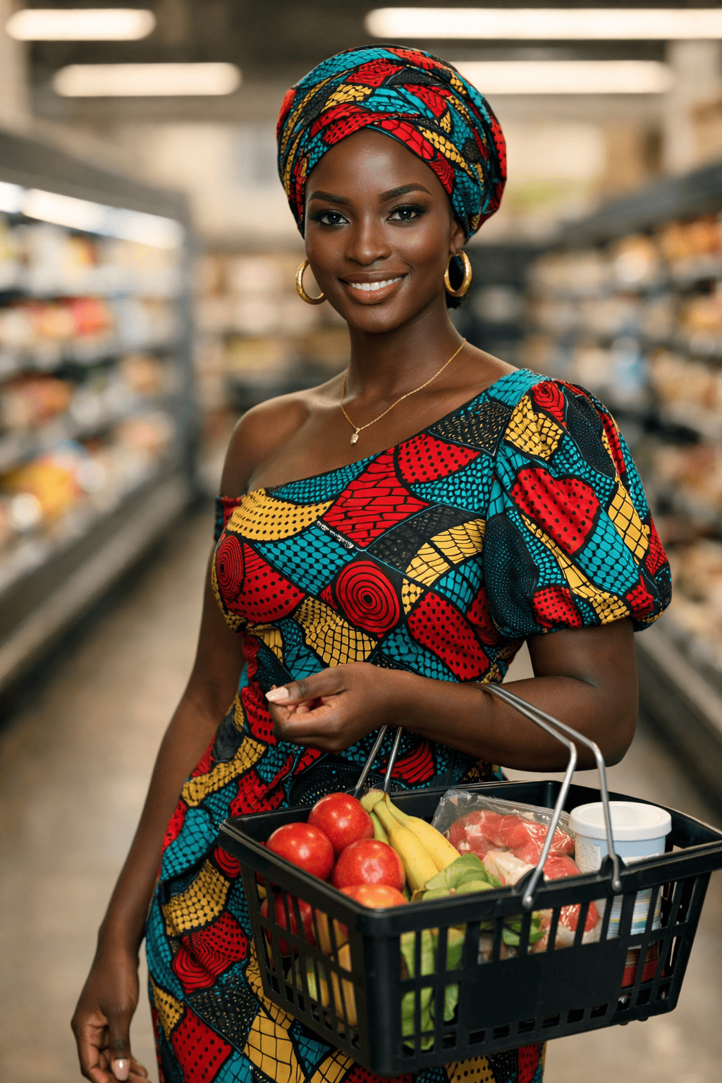 Woman in a colorful dress and headscarf holding a basket of groceries in a supermarket.
