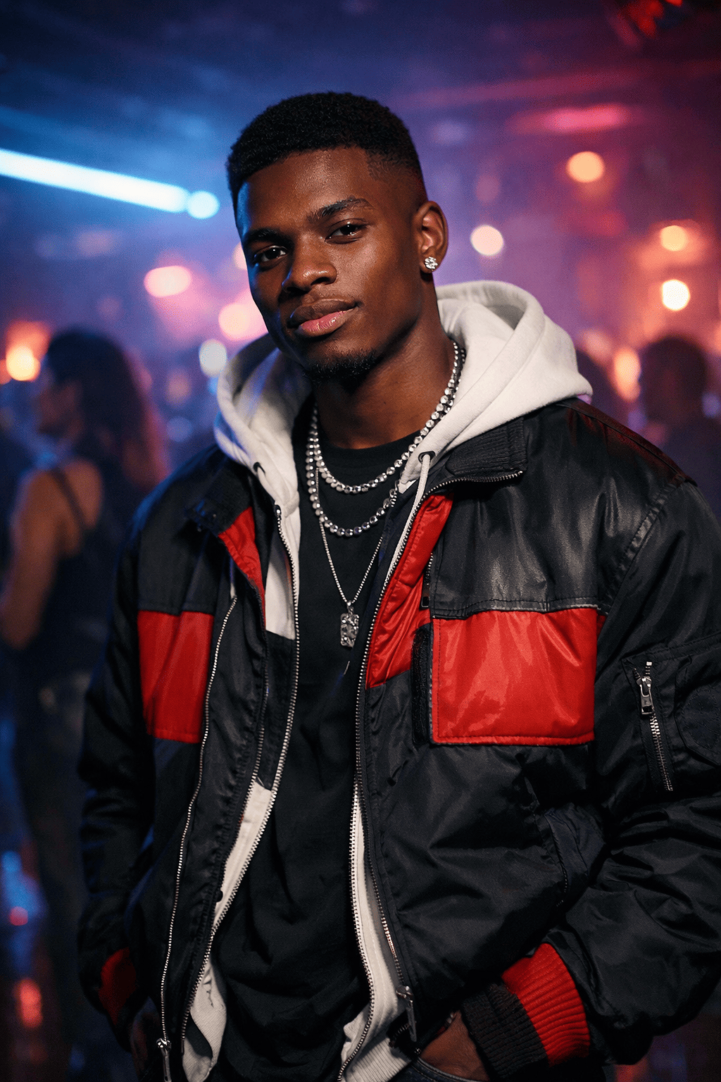 Man wearing a black and red jacket with a blurred background
