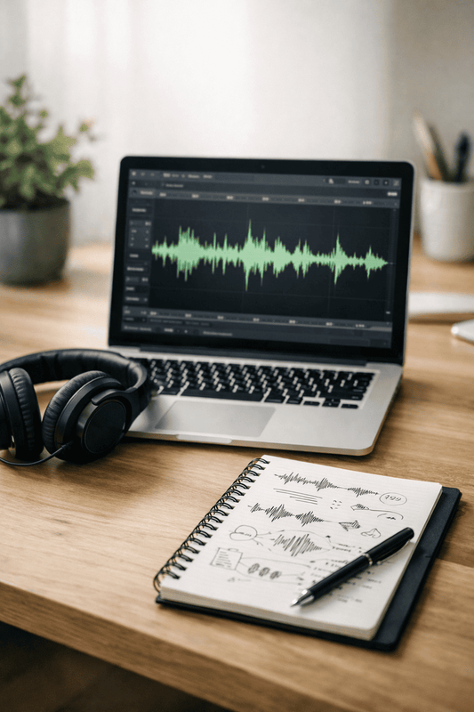Laptop with audio editing software on a desk with headphones and notebook.