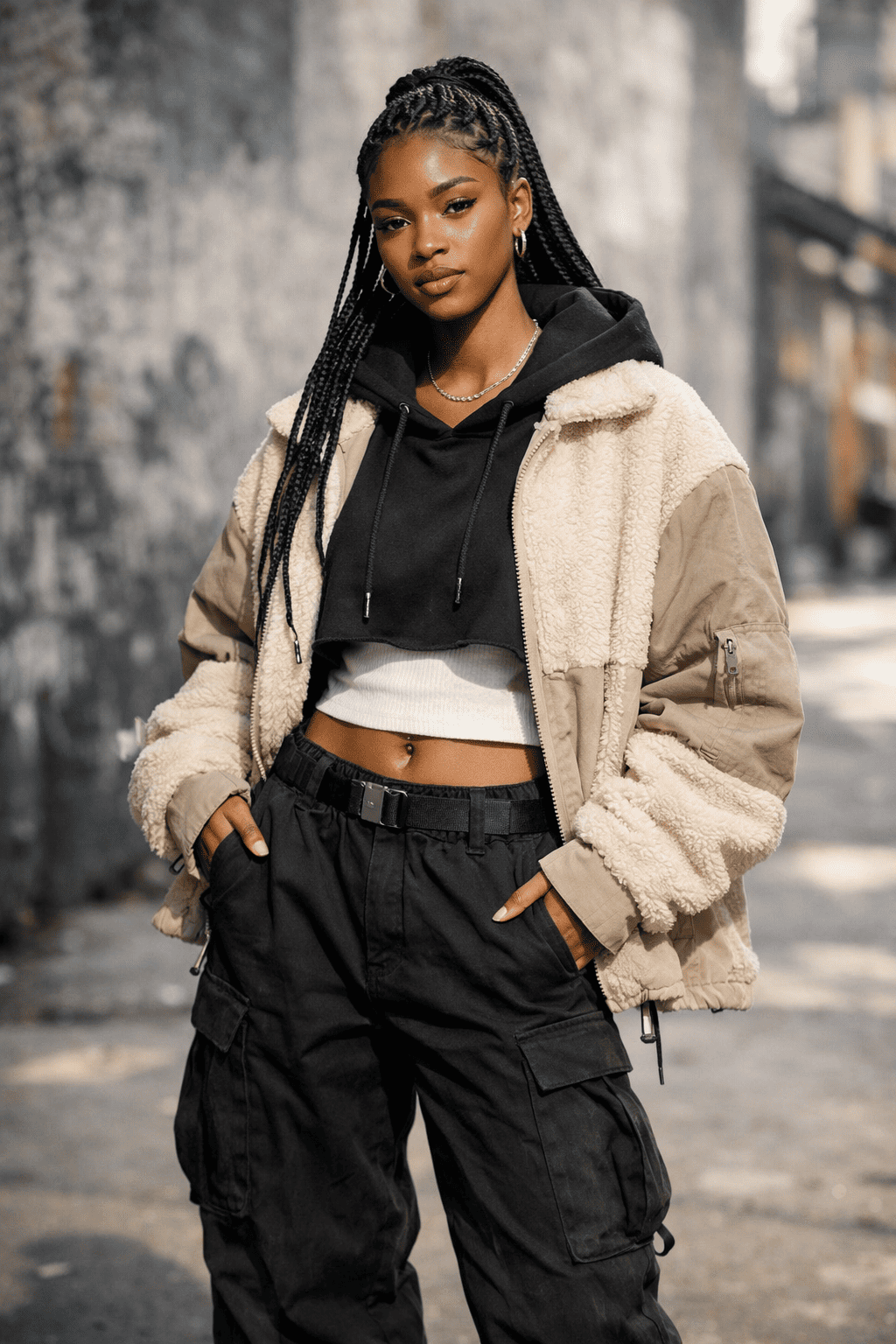 Woman wearing a beige fleece jacket and black cargo pants standing in an urban setting.
