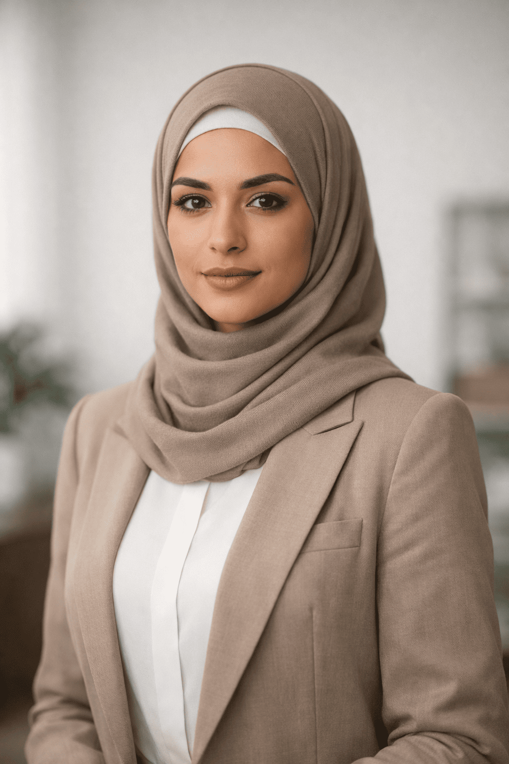 Woman wearing a beige hijab and blazer in an indoor setting