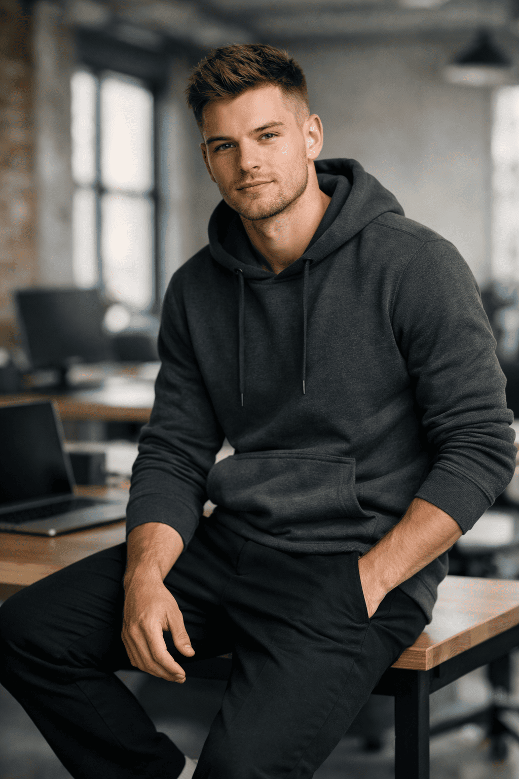 Man wearing a dark hoodie sitting at a desk in an office setting