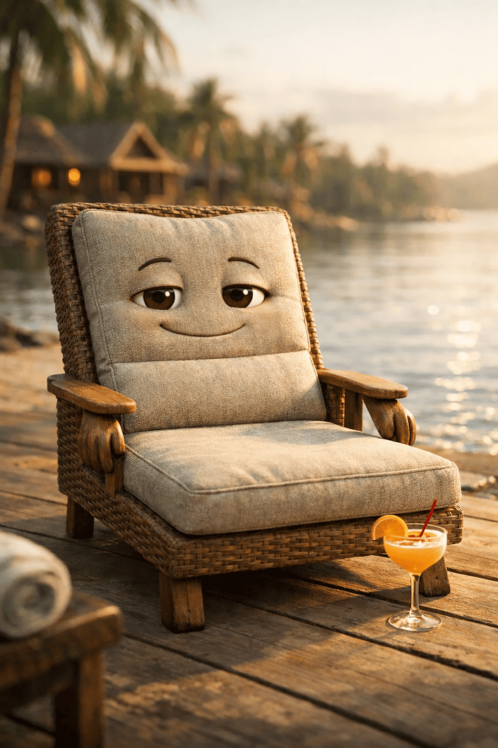 Wicker chair with cushion resembling a face on a wooden deck by a body of water.