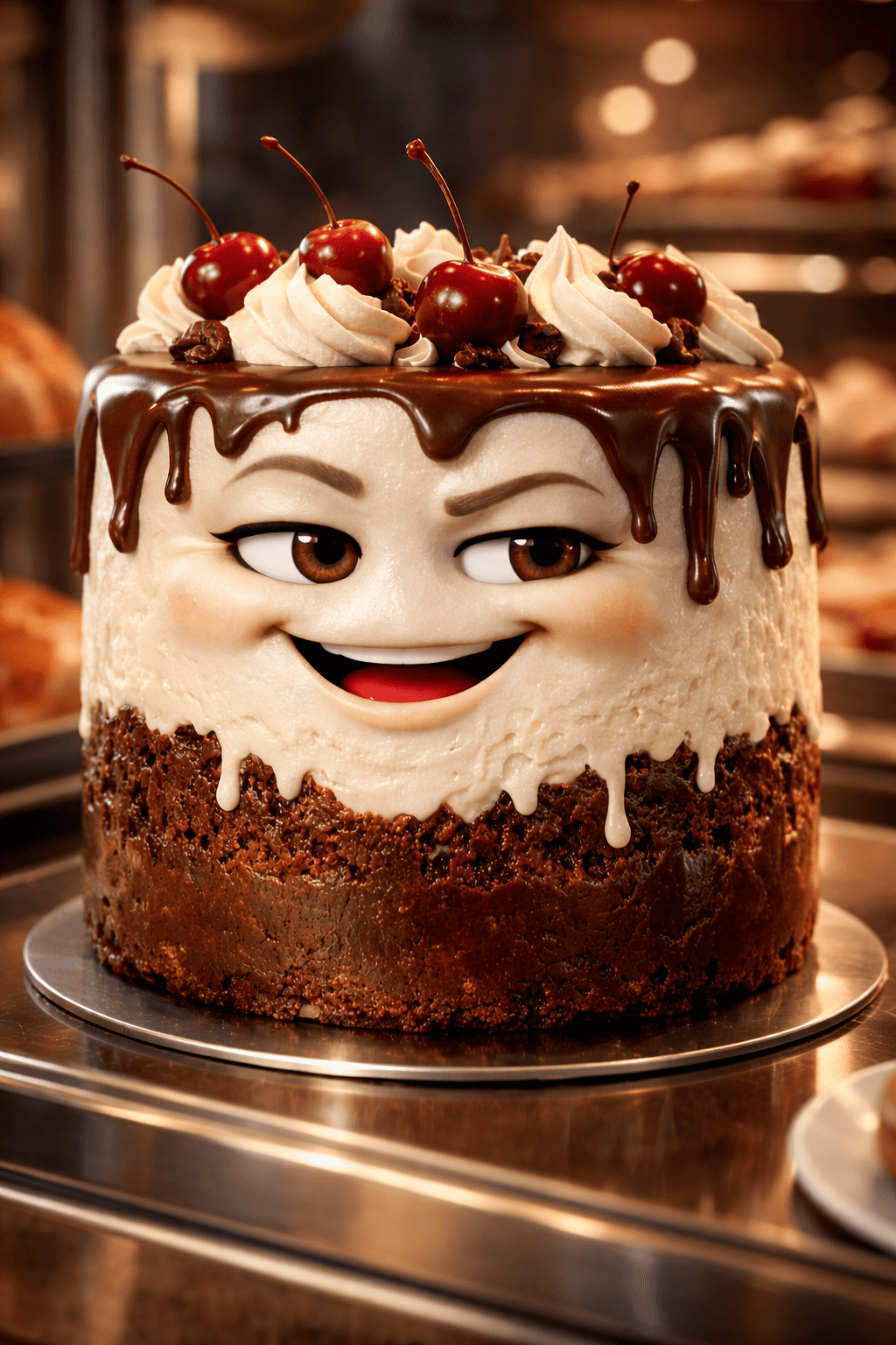 Chocolate cake with a face design on a metal tray
