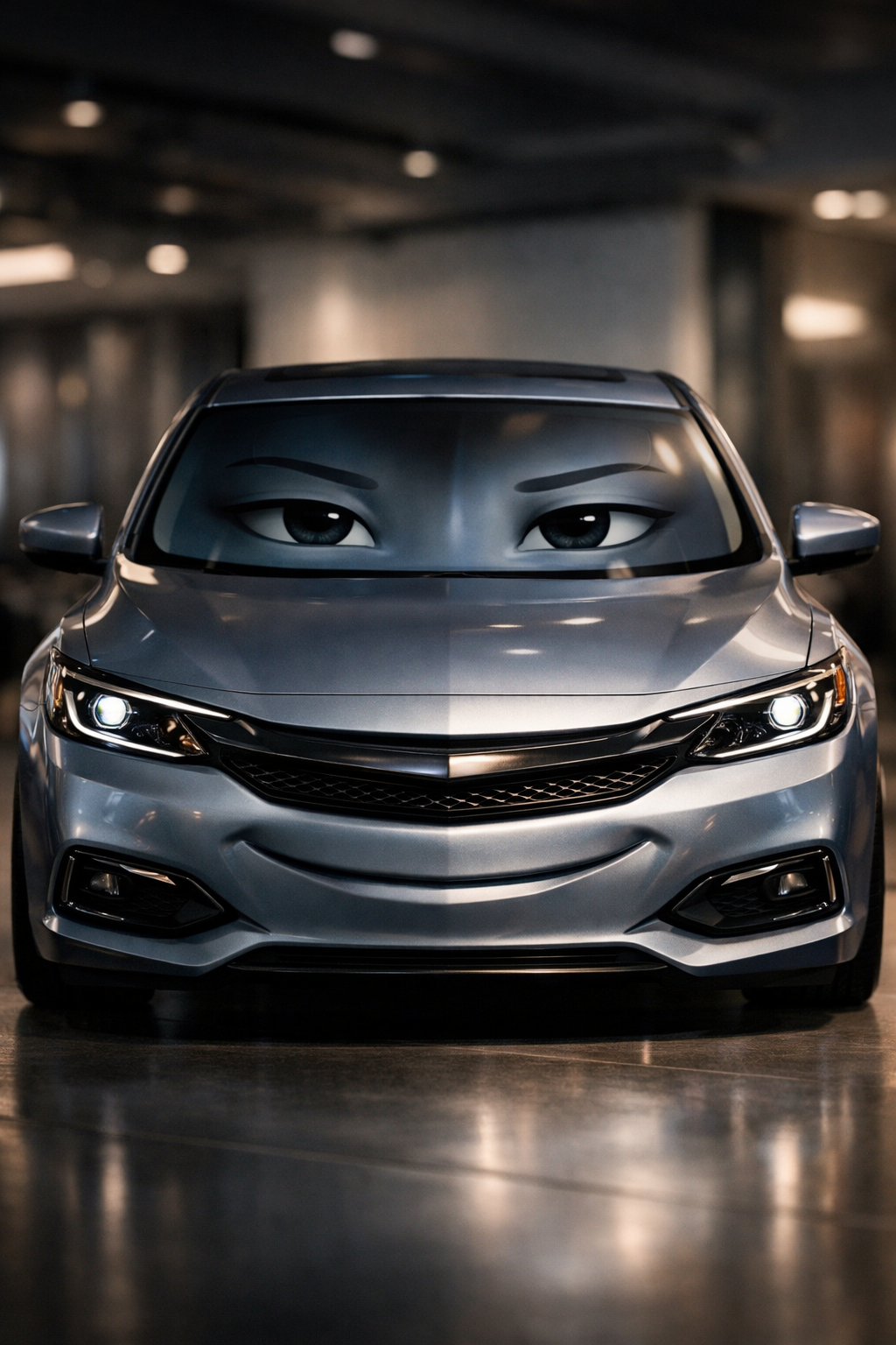 Silver car with a modern design in an indoor setting