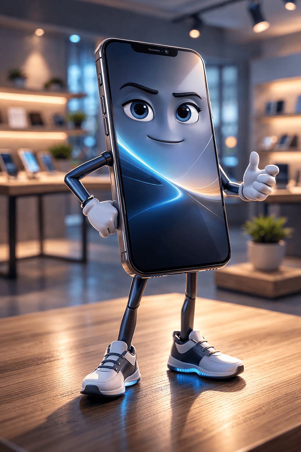 Phone with a face and arms on a wooden table in a modern office setting