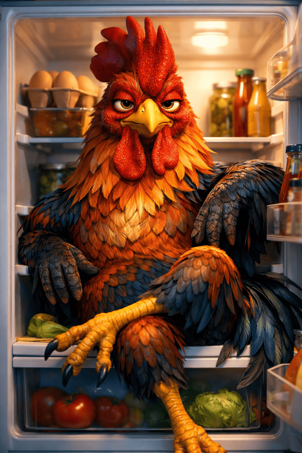Animated rooster inside an open refrigerator with food items visible