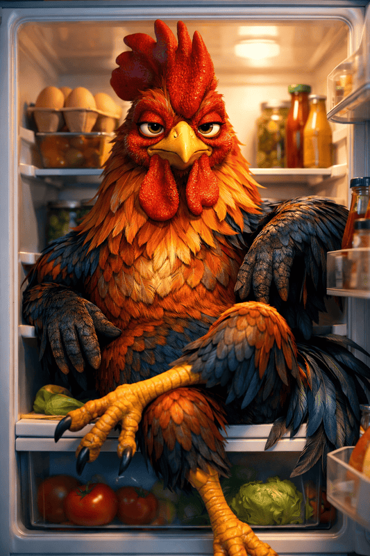 Animated rooster inside an open refrigerator with food items visible