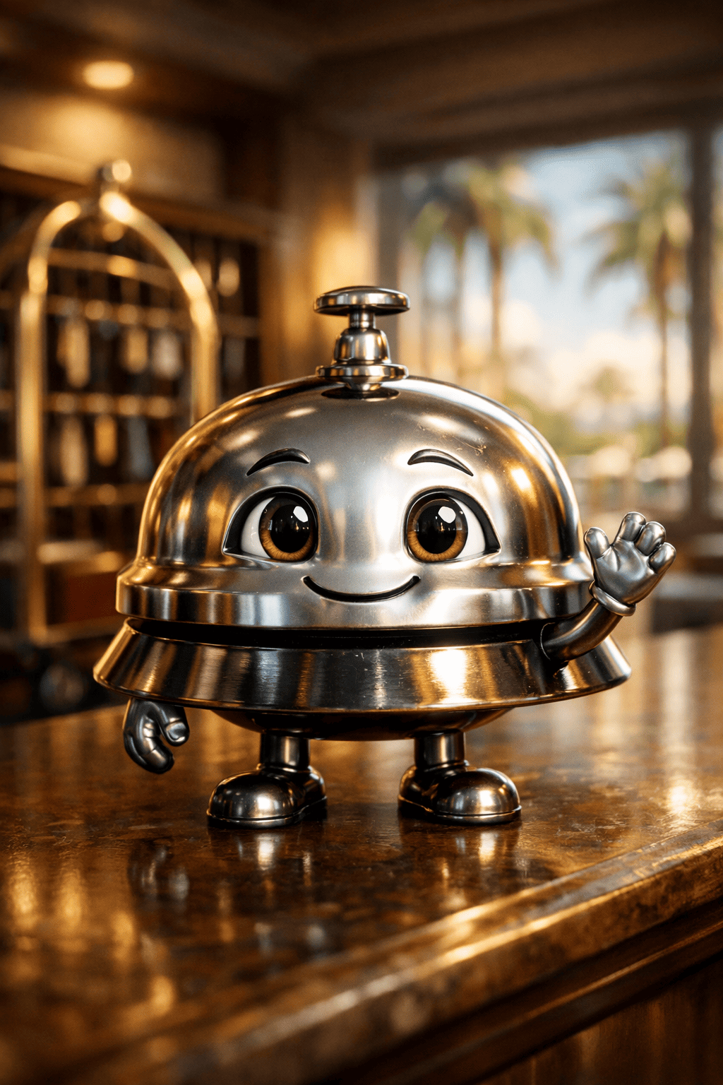 Metallic bell with a face on a wooden surface, resembling a character.