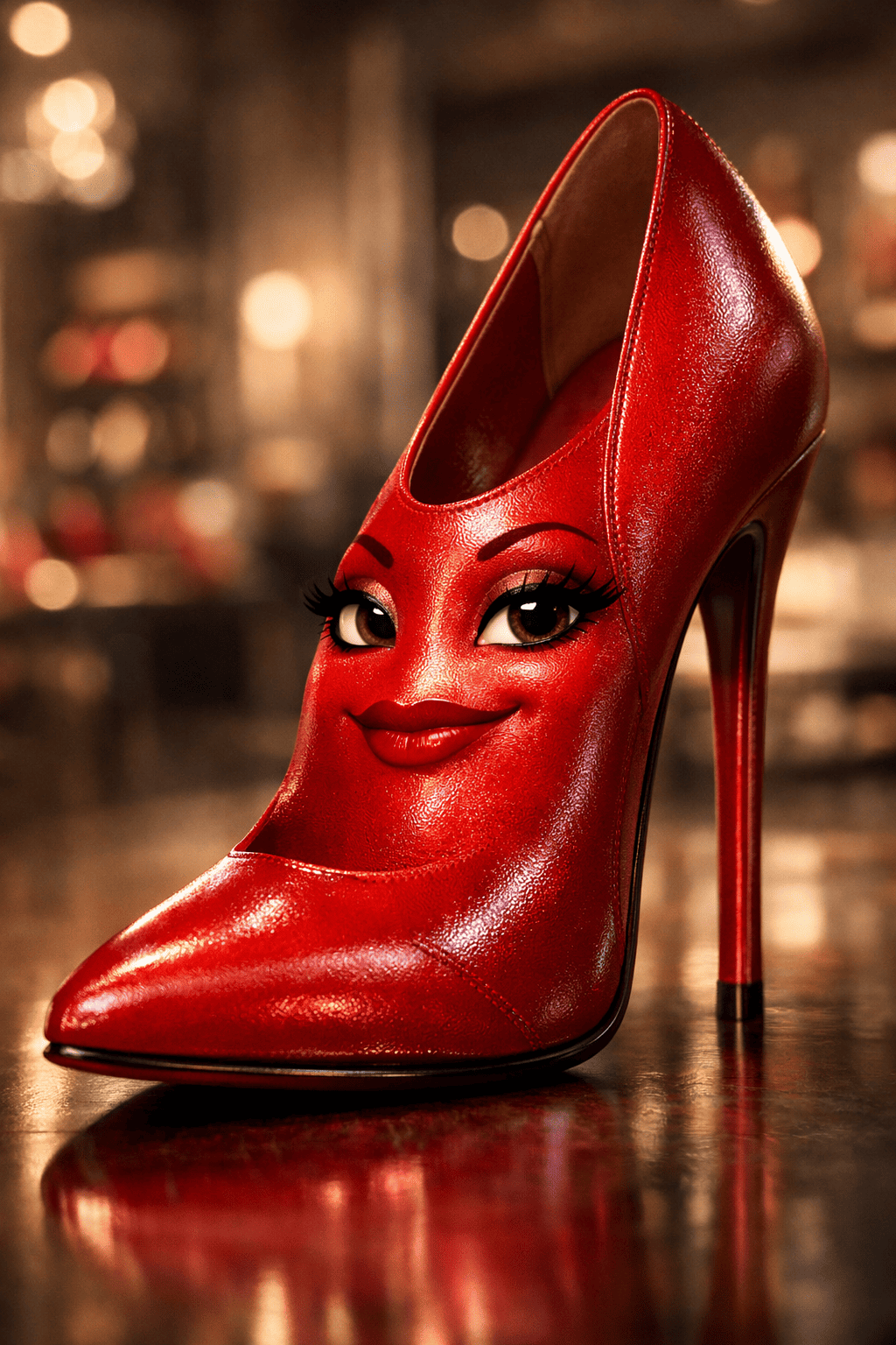Red high-heeled cartoon shoe with a face on a reflective surface