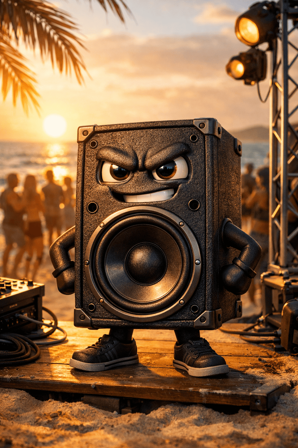 Speaker with a face on a stage at sunset with people in the background