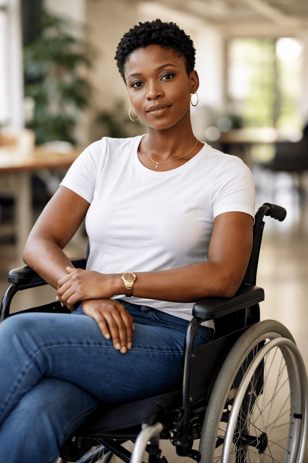Woman in a wheelchair wearing a white shirt and blue jeans in an indoor setting.