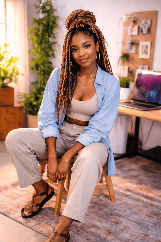 Woman sitting in a home office with plants and a desk in the background